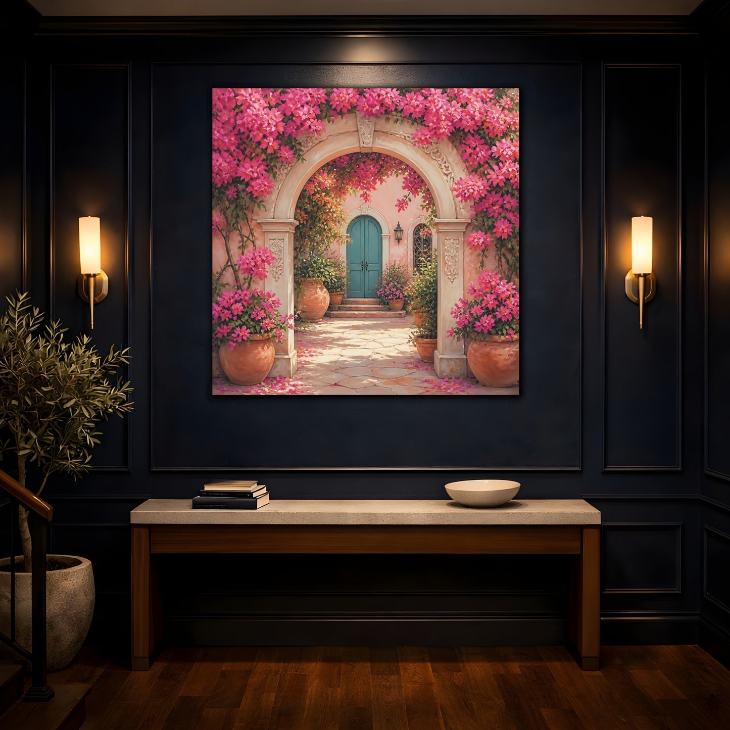 Mockup 4. Floral Floral Archway Pink Bougainvillea shown as stretched canvas wall art