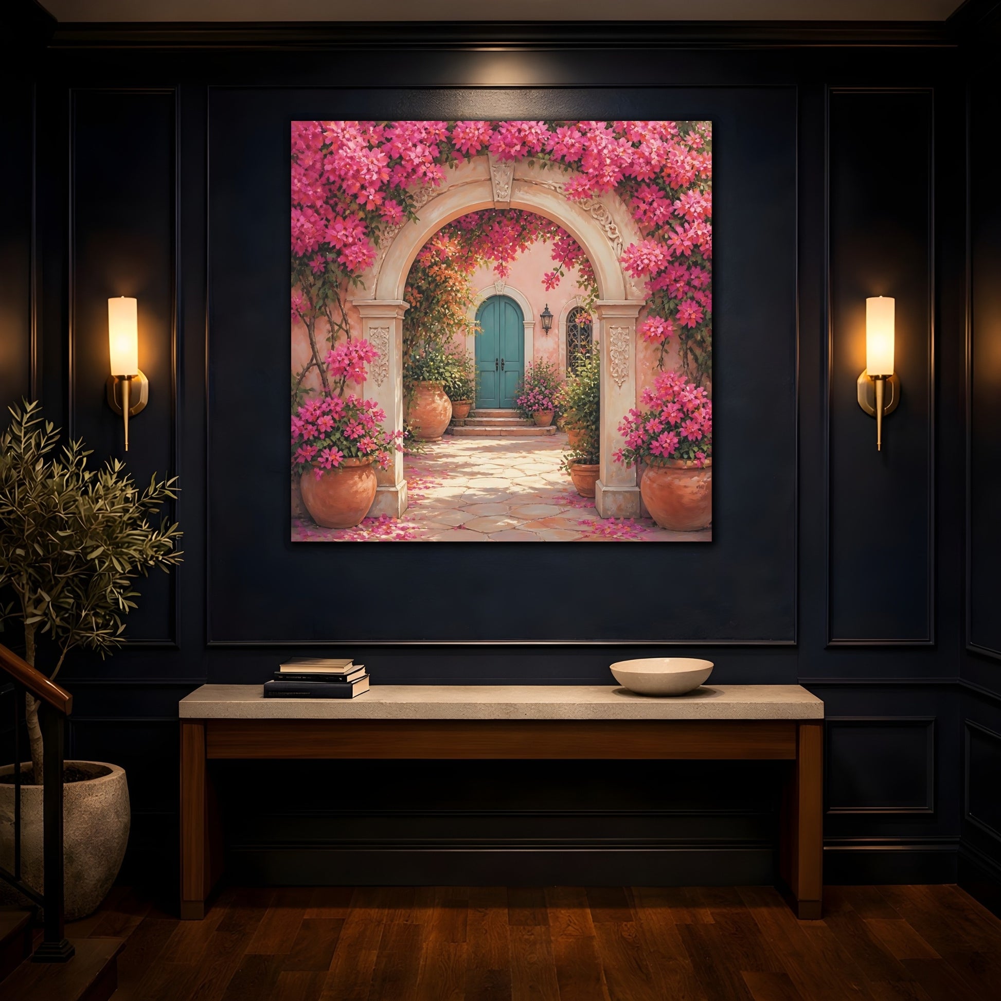 Mockup 4. Floral Floral Archway Pink Bougainvillea shown as stretched canvas wall art