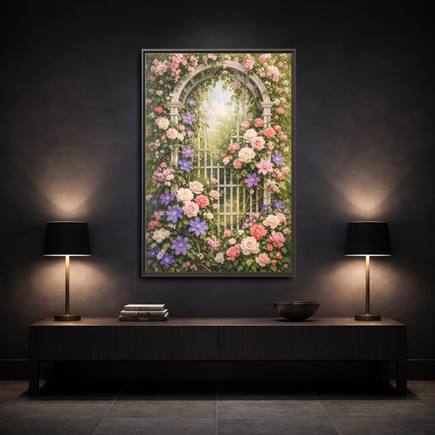 Mockup 2. Floral Floral Archway Pink Floral Garden shown as stretched canvas wall art