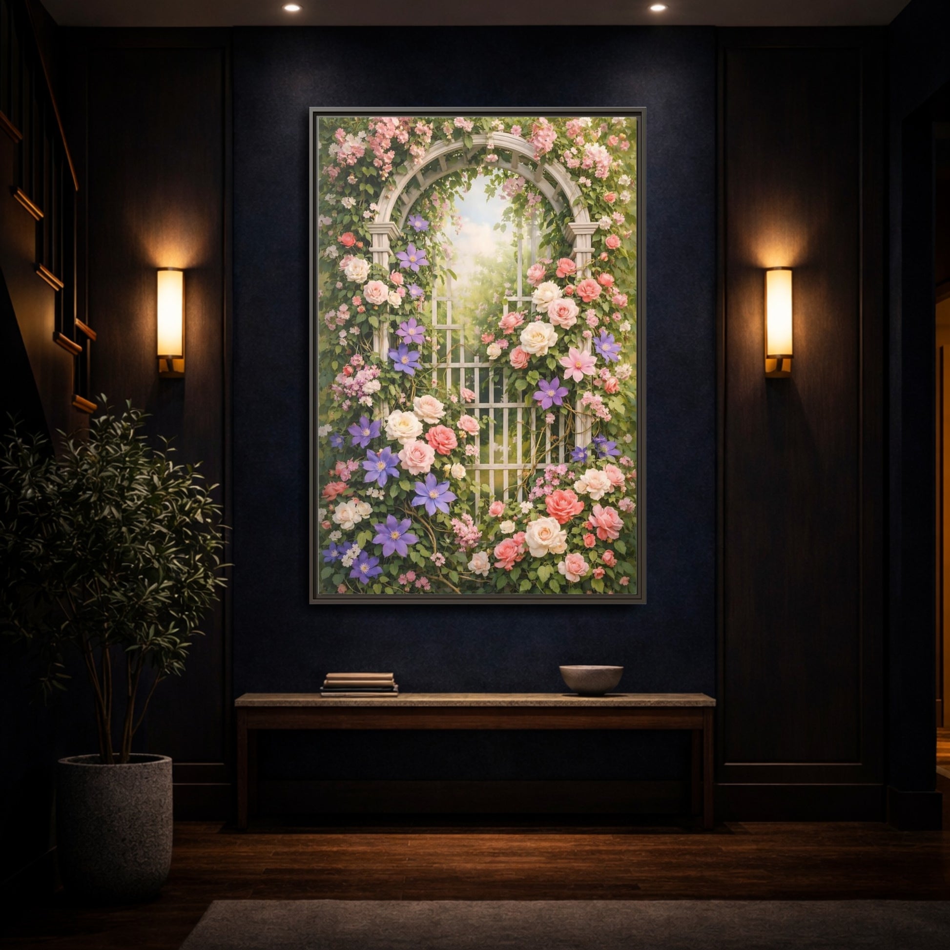 Mockup 3. Floral Floral Archway Pink Floral Garden shown as stretched canvas wall art