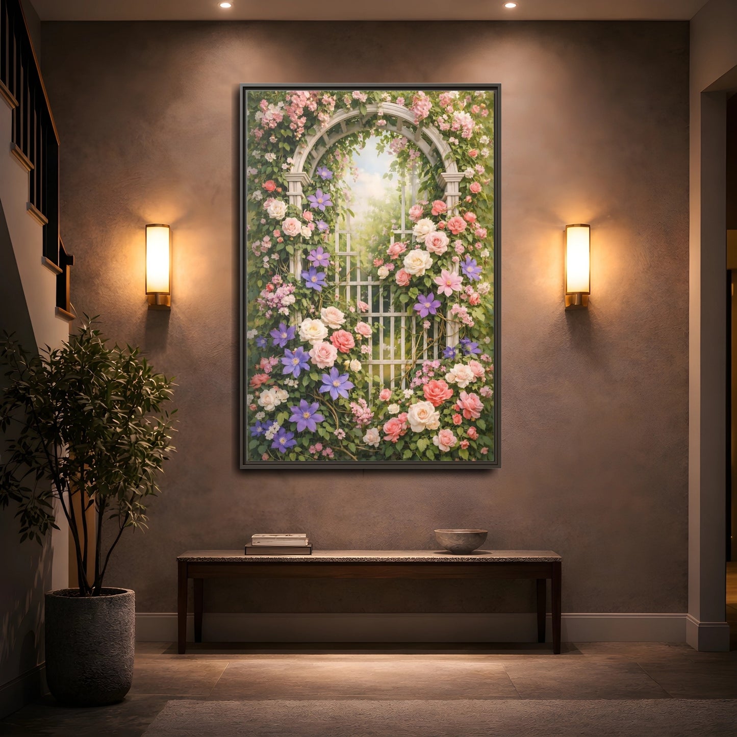 Mockup 4. Floral Floral Archway Pink Floral Garden shown as stretched canvas wall art