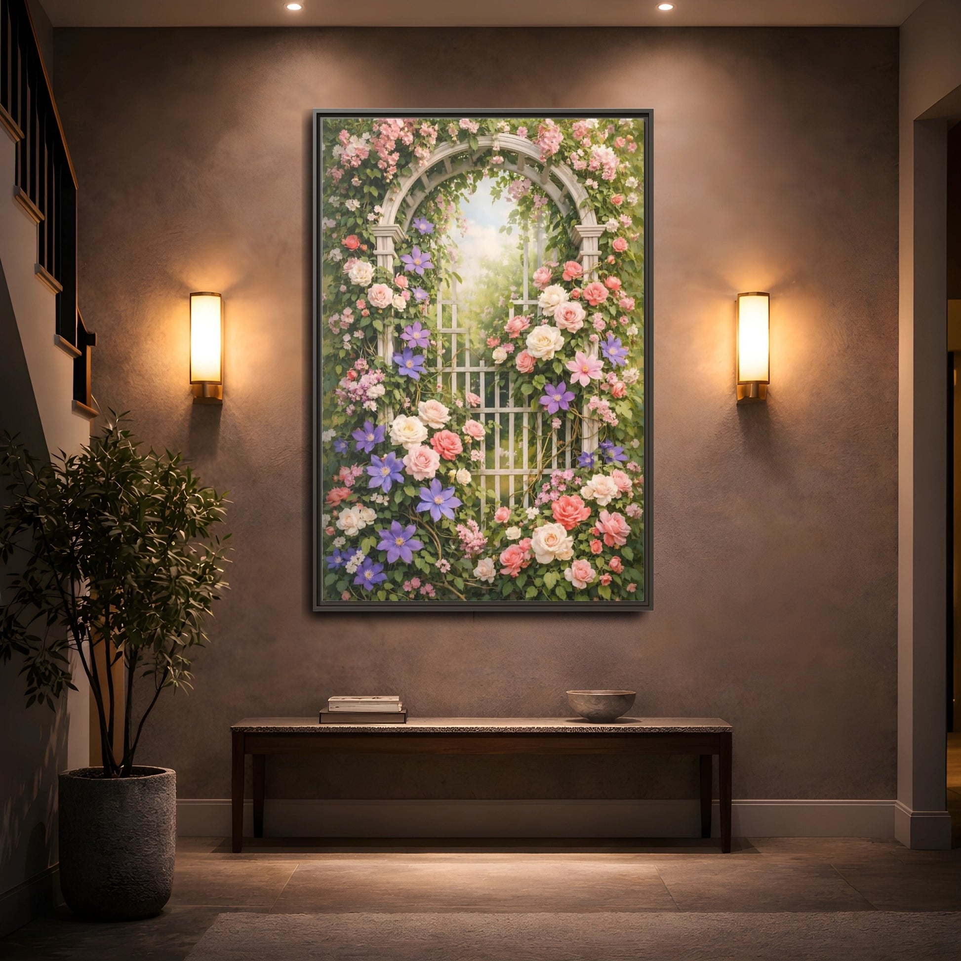 Mockup 4. Floral Floral Archway Pink Floral Garden shown as stretched canvas wall art