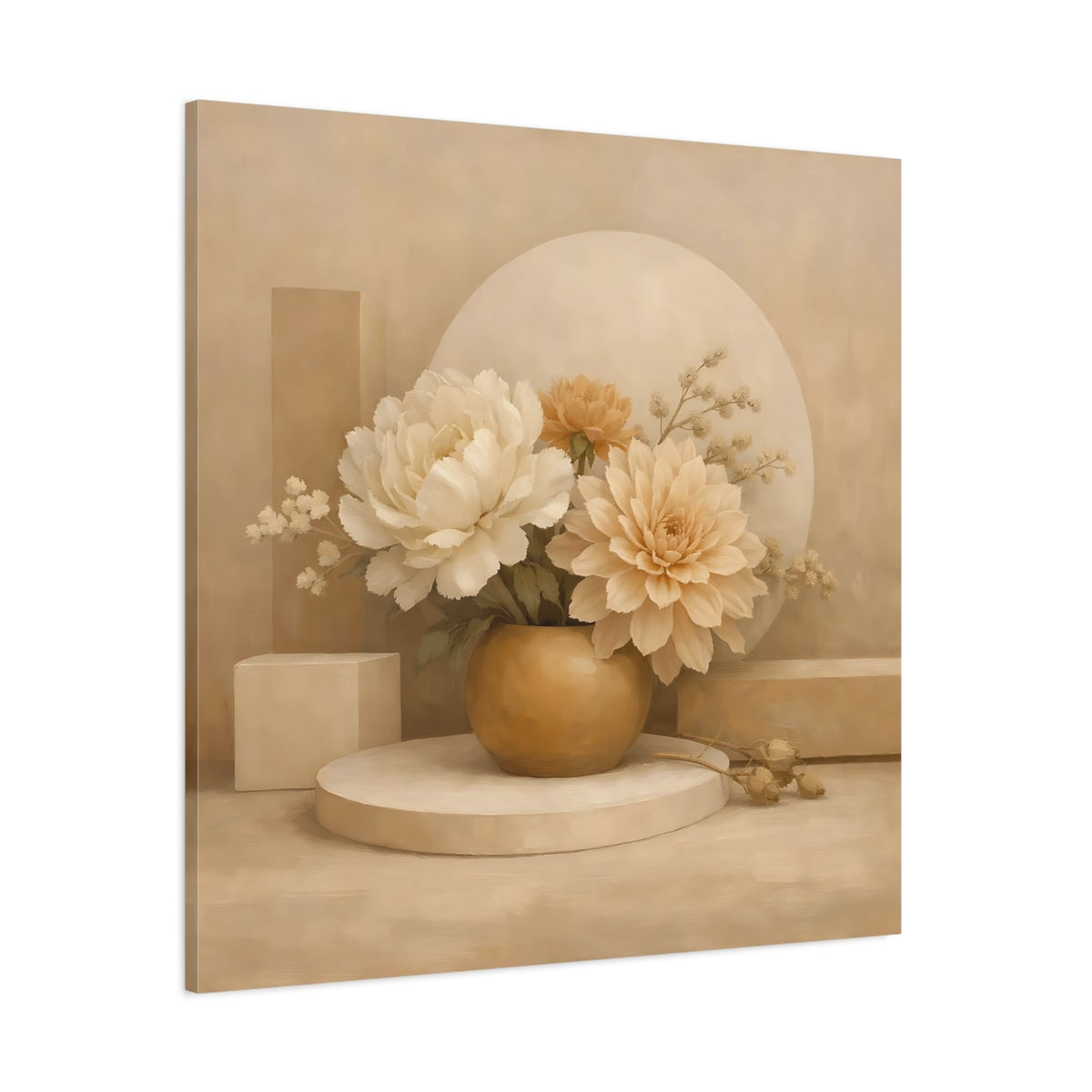 Main Mockup. Floral Floral Arrangement Beige And Cream shown as stretched canvas wall art