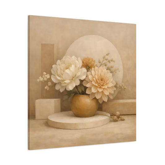Main Mockup. Floral Floral Arrangement Beige And Cream shown as stretched canvas wall art