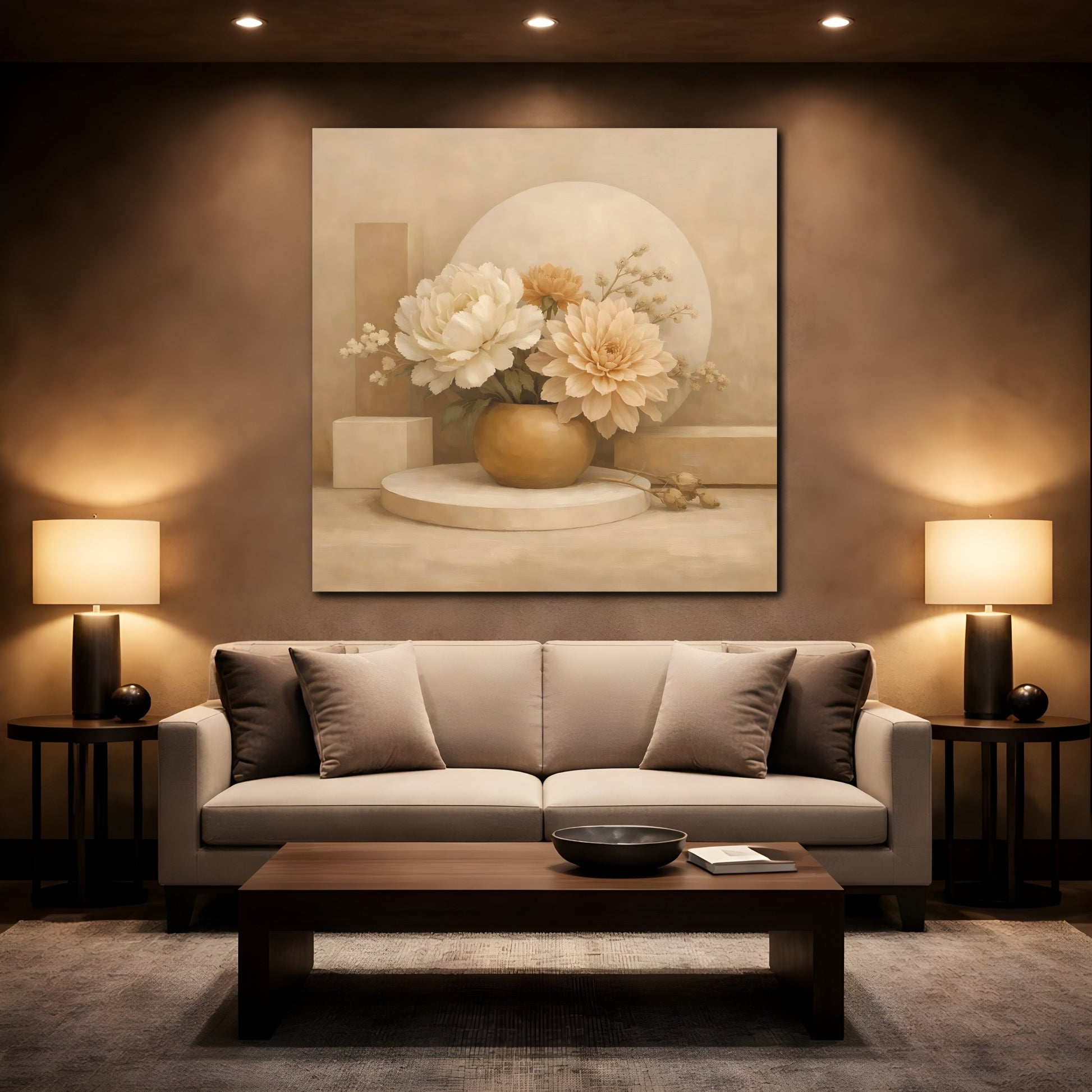 Mockup 2. Floral Floral Arrangement Beige And Cream shown as stretched canvas wall art