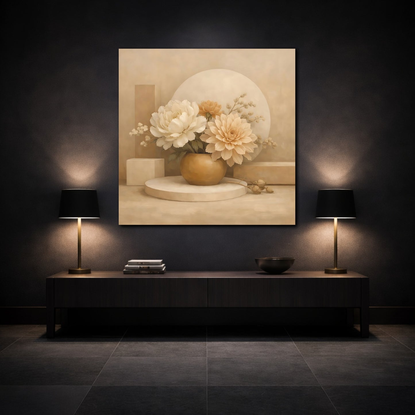 Mockup 3. Floral Floral Arrangement Beige And Cream shown as stretched canvas wall art