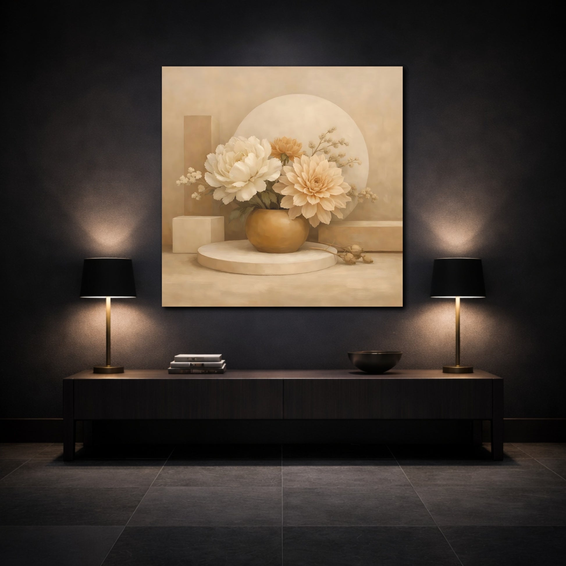 Mockup 3. Floral Floral Arrangement Beige And Cream shown as stretched canvas wall art