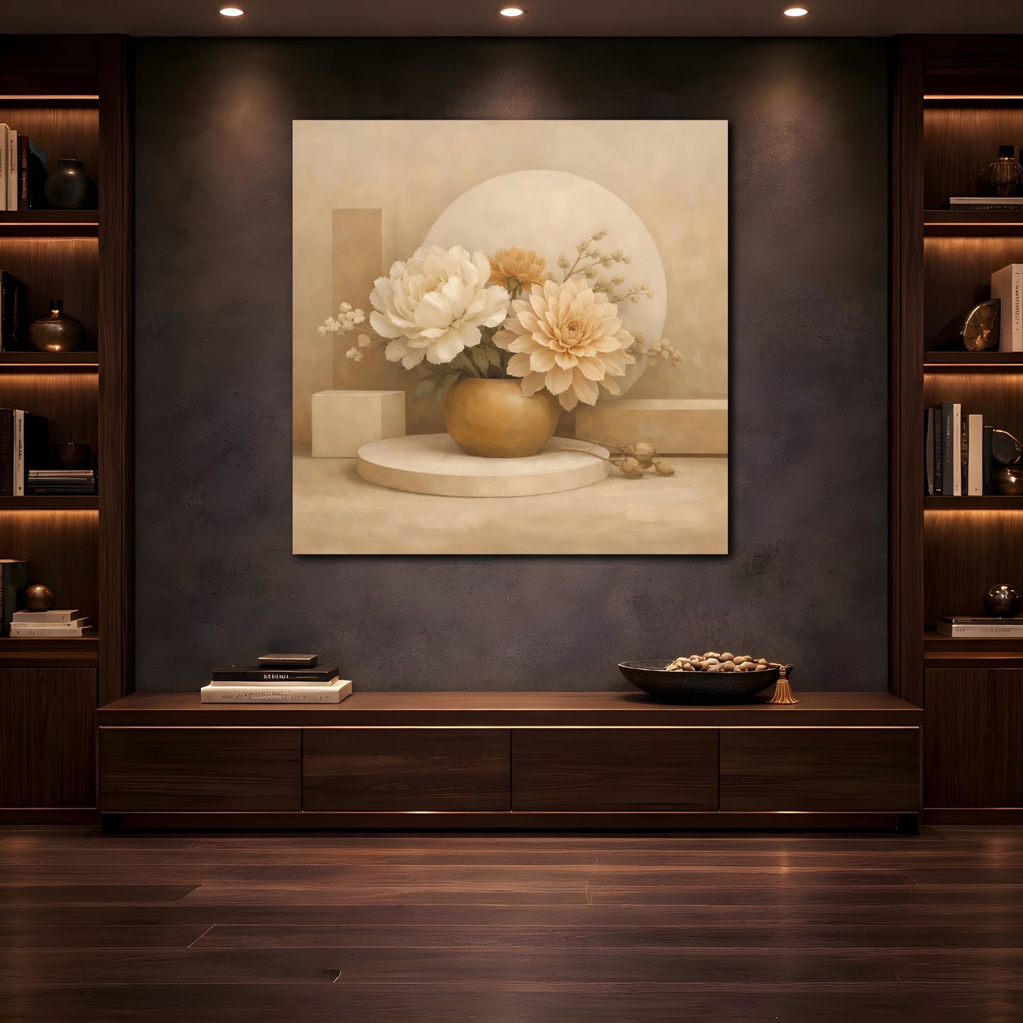 Mockup 4. Floral Floral Arrangement Beige And Cream shown as stretched canvas wall art