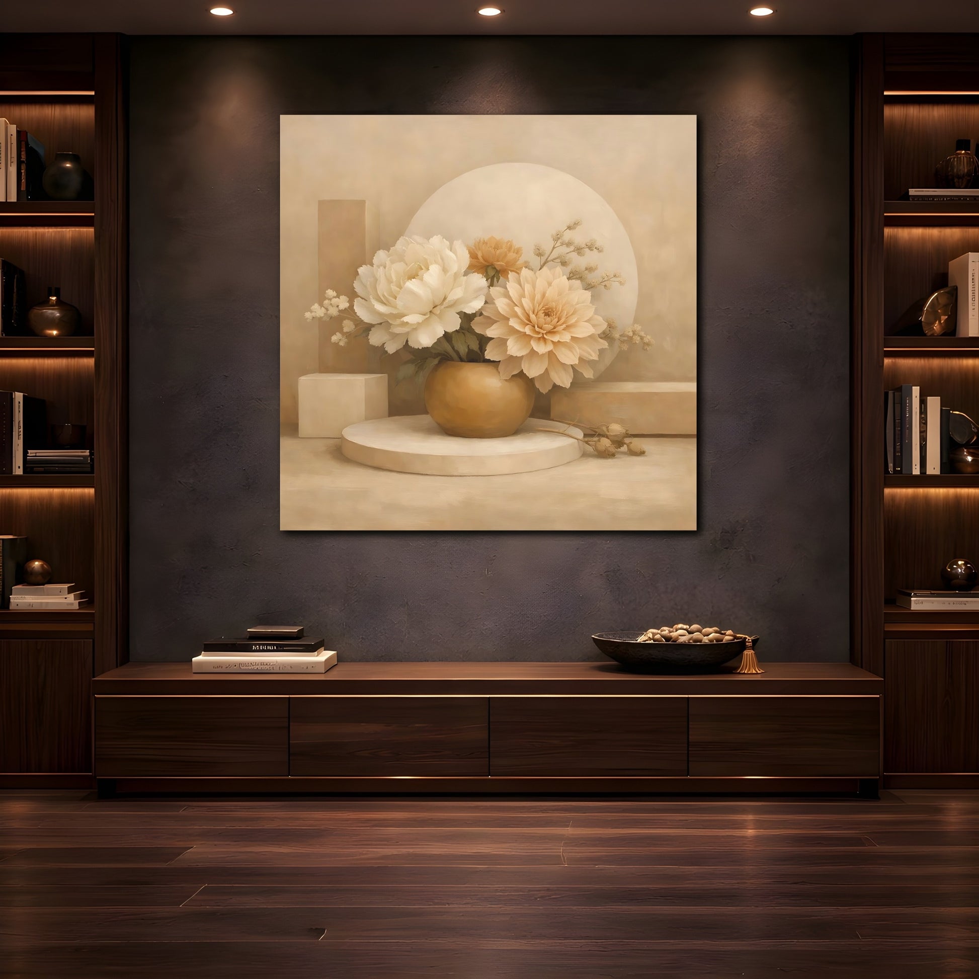 Mockup 4. Floral Floral Arrangement Beige And Cream shown as stretched canvas wall art