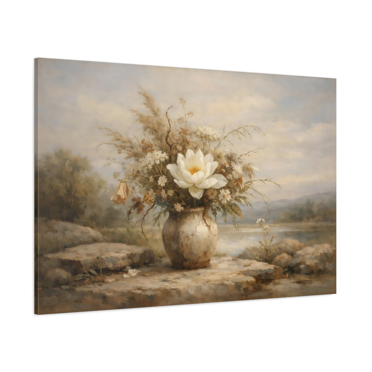 Main Mockup. Floral Floral Arrangement Beige Floral shown as stretched canvas wall art