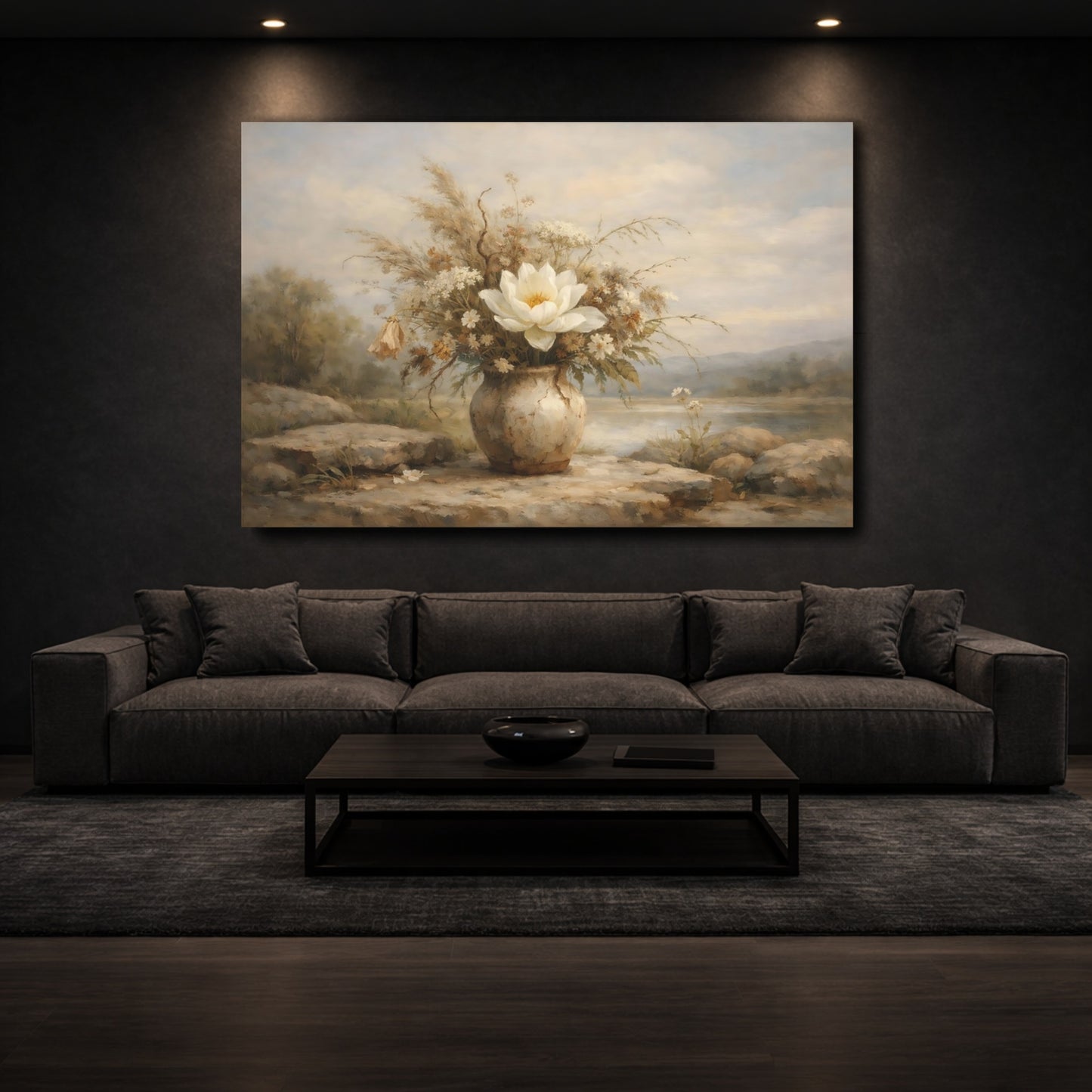 Mockup 2. Floral Floral Arrangement Beige Floral shown as stretched canvas wall art