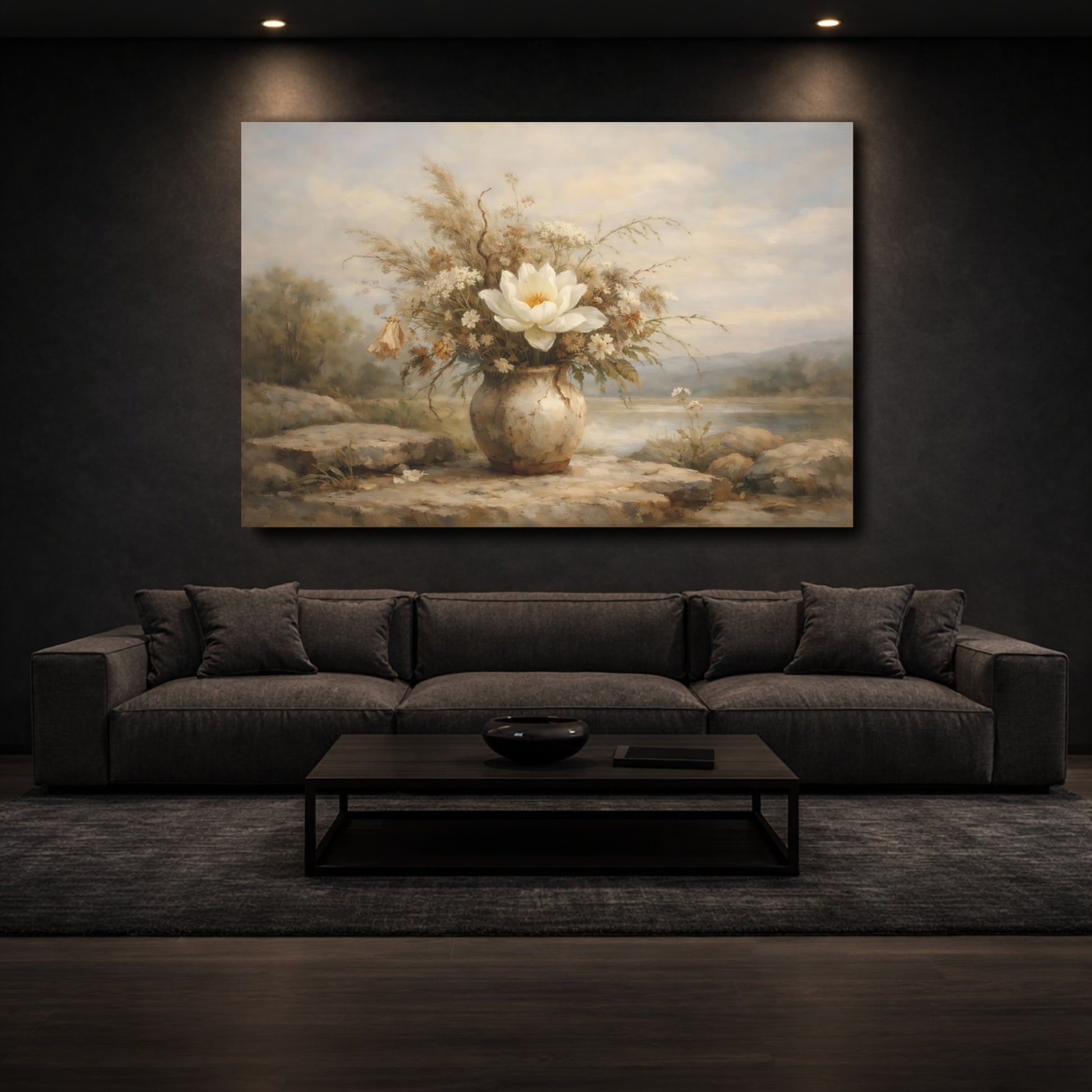 Mockup 2. Floral Floral Arrangement Beige Floral shown as stretched canvas wall art