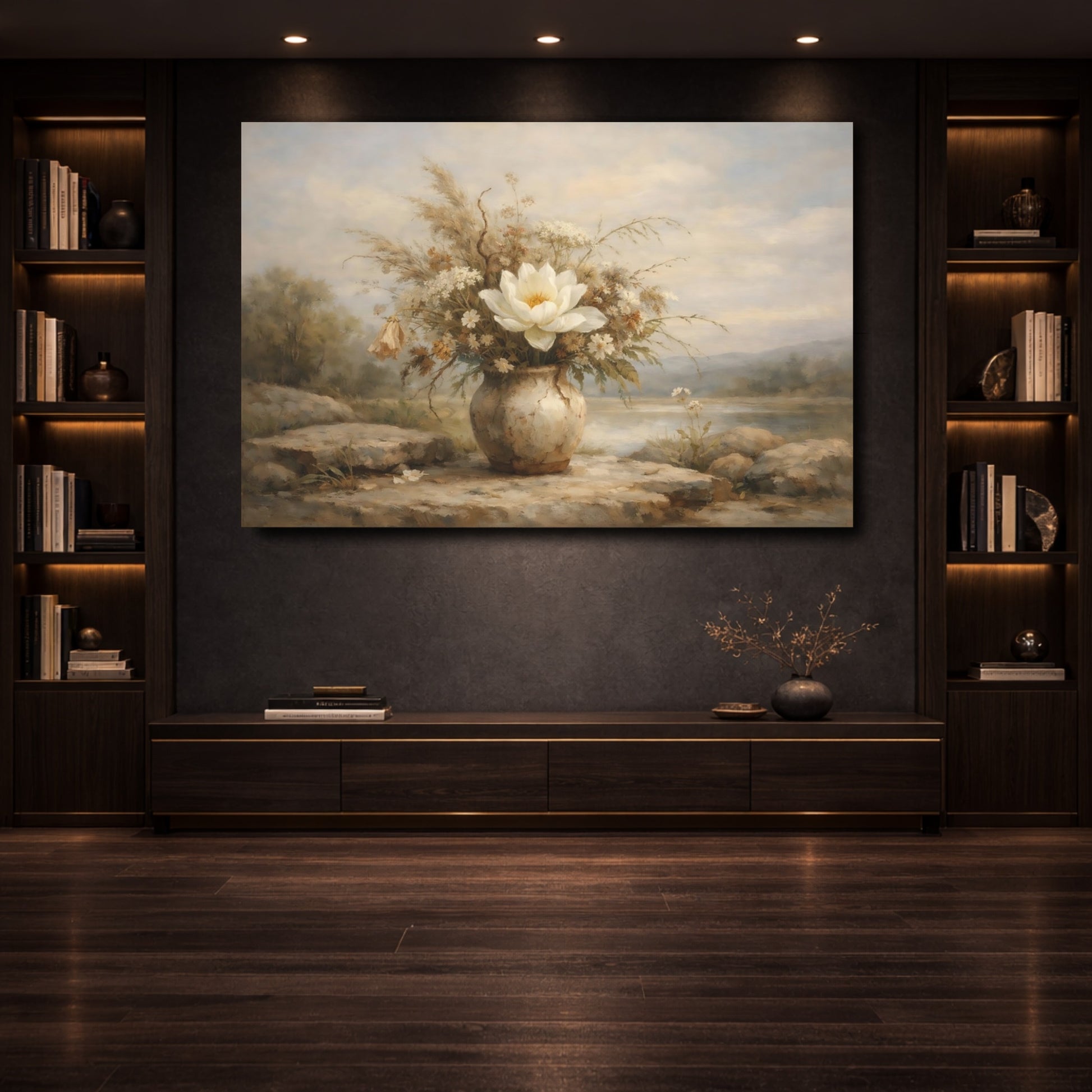 Mockup 3. Floral Floral Arrangement Beige Floral shown as stretched canvas wall art