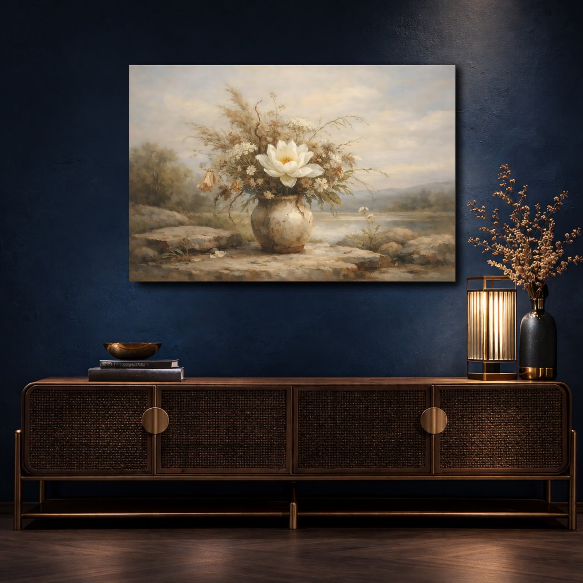 Mockup 4. Floral Floral Arrangement Beige Floral shown as stretched canvas wall art