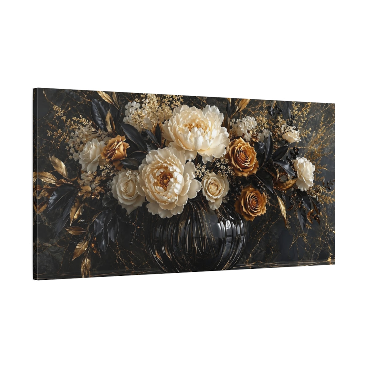 Main Mockup. Floral Floral Arrangement Black Gold Floral shown as stretched canvas wall art