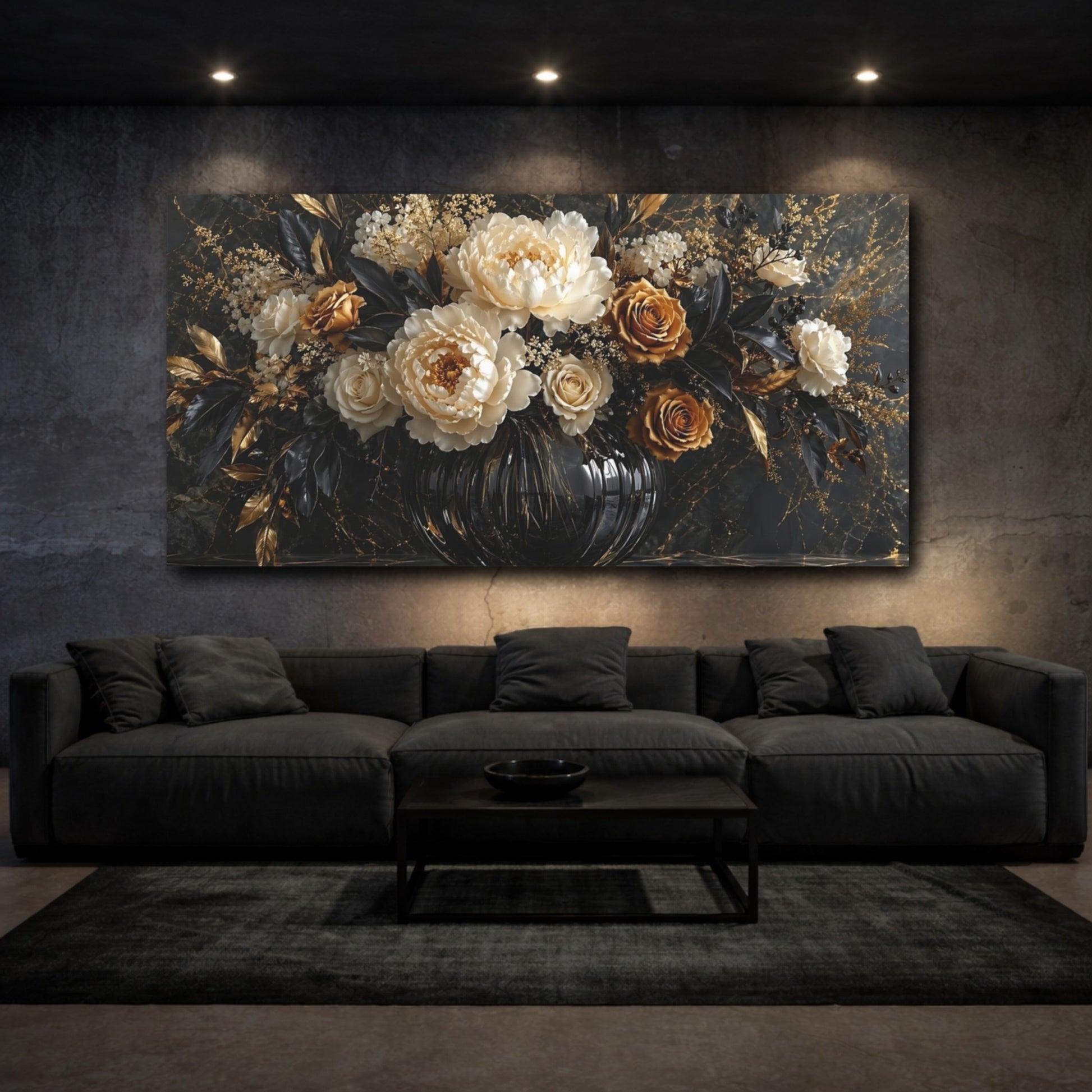 Mockup 2. Floral Floral Arrangement Black Gold Floral shown as stretched canvas wall art