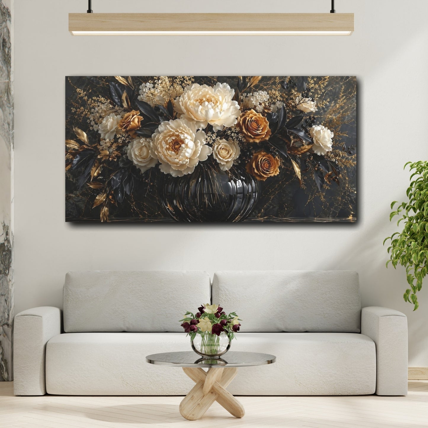 Mockup 3. Floral Floral Arrangement Black Gold Floral shown as stretched canvas wall art