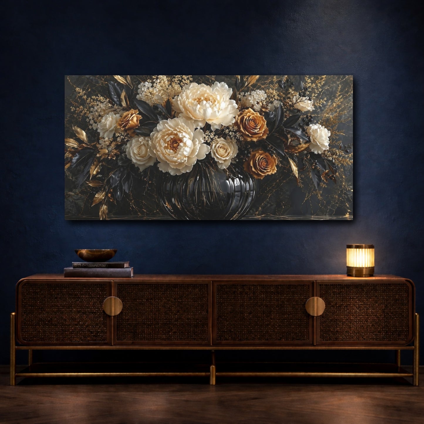 Mockup 4. Floral Floral Arrangement Black Gold Floral shown as stretched canvas wall art