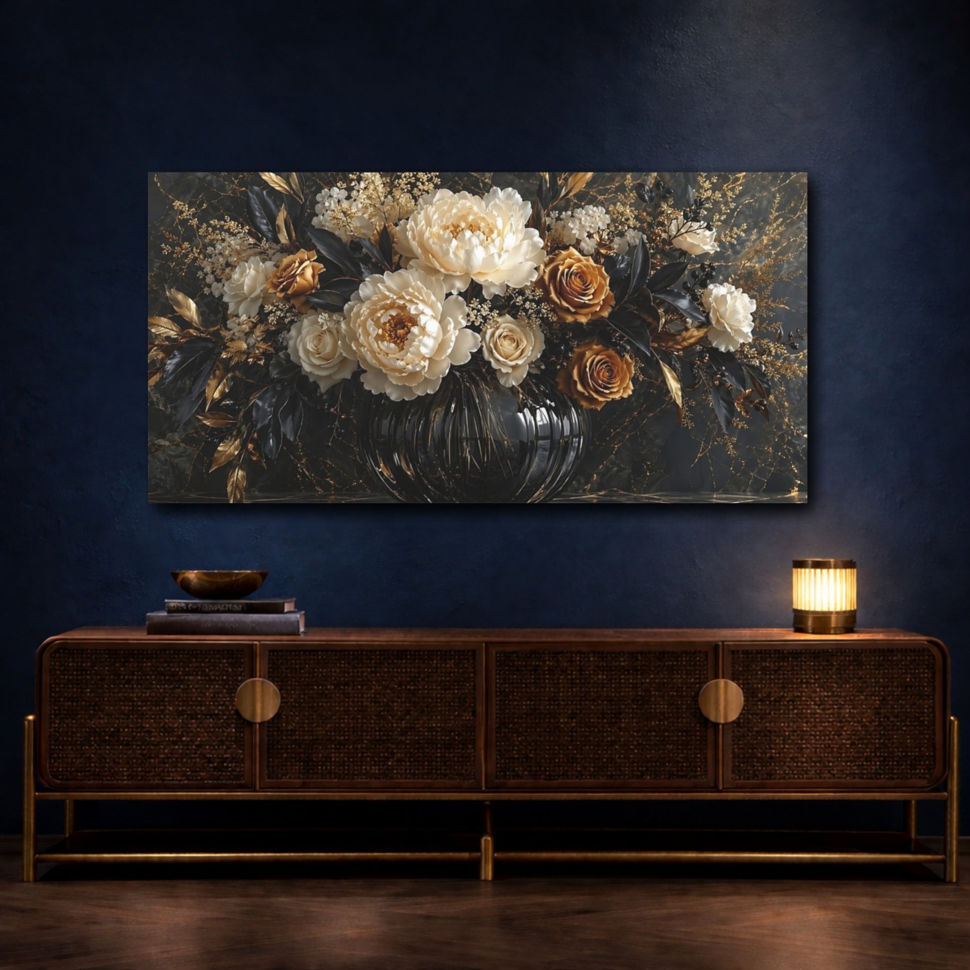 Mockup 4. Floral Floral Arrangement Black Gold Floral shown as stretched canvas wall art