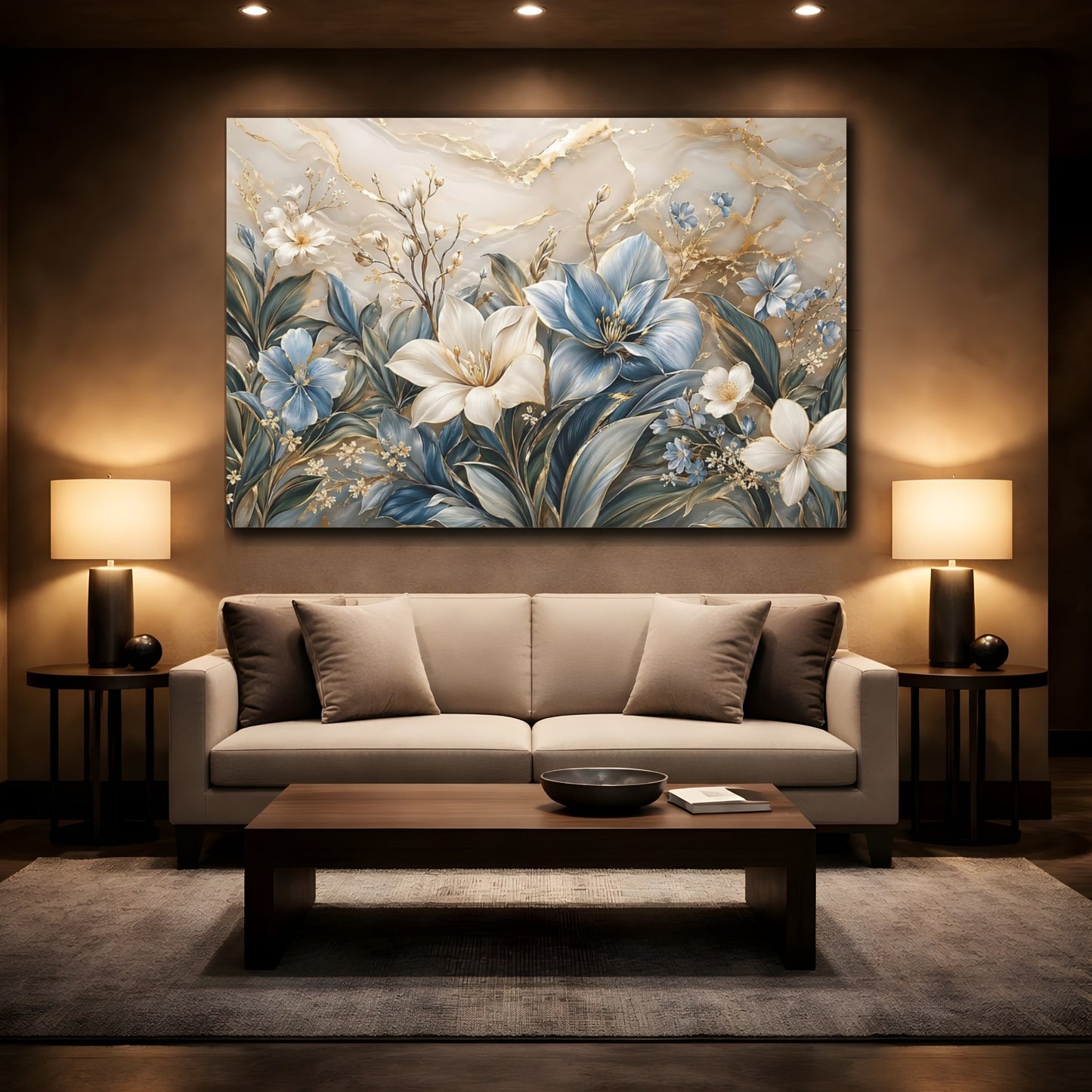 Mockup 2. Floral Floral Arrangement Blue Gold Floral shown as stretched canvas wall art
