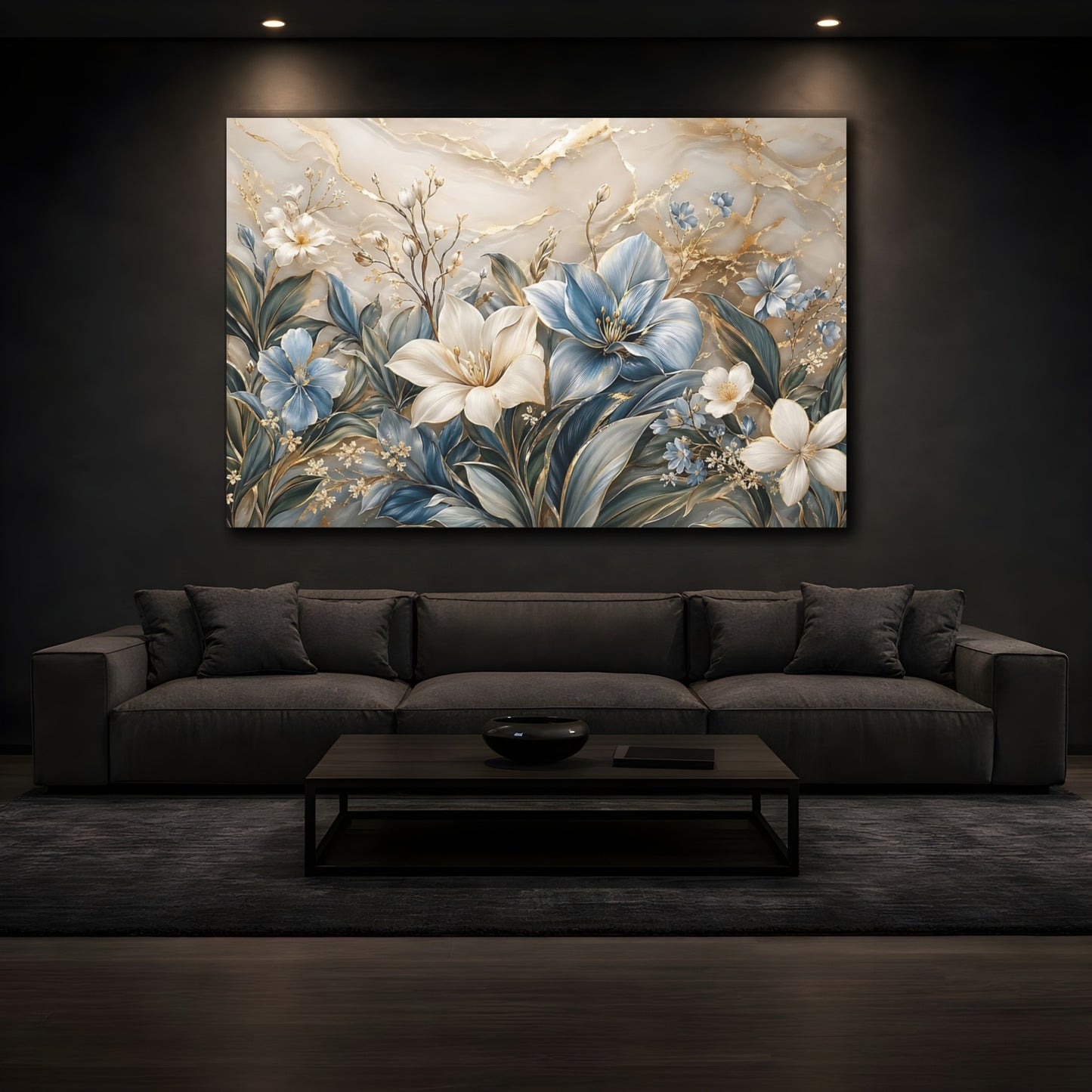 Mockup 3. Floral Floral Arrangement Blue Gold Floral shown as stretched canvas wall art