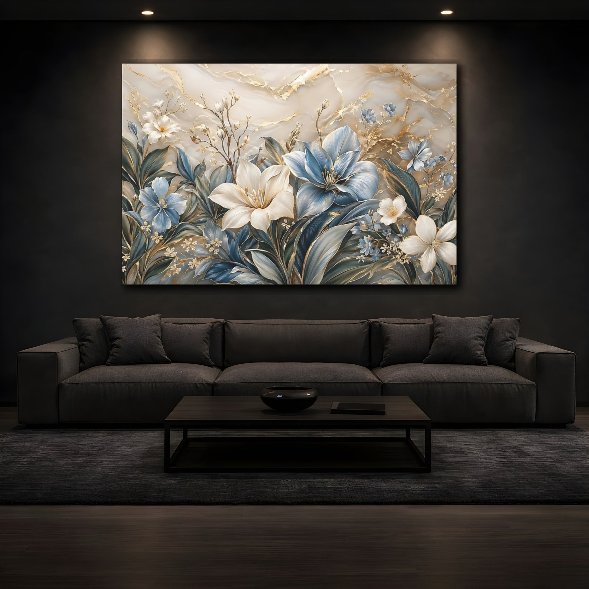 Mockup 3. Floral Floral Arrangement Blue Gold Floral shown as stretched canvas wall art
