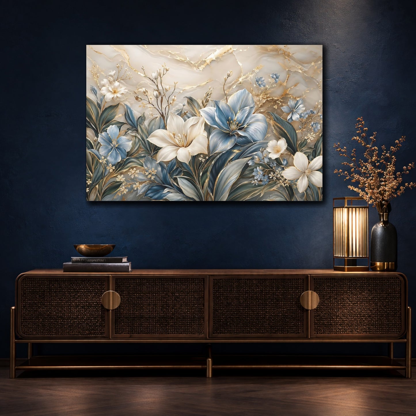 Mockup 4. Floral Floral Arrangement Blue Gold Floral shown as stretched canvas wall art