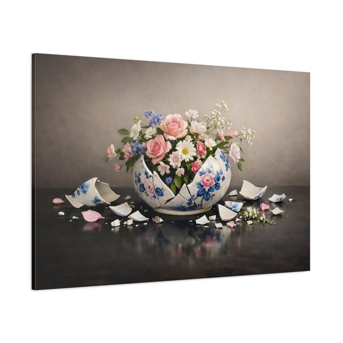 Main Mockup. Floral Floral Arrangement Broken Vase Floral shown as stretched canvas wall art