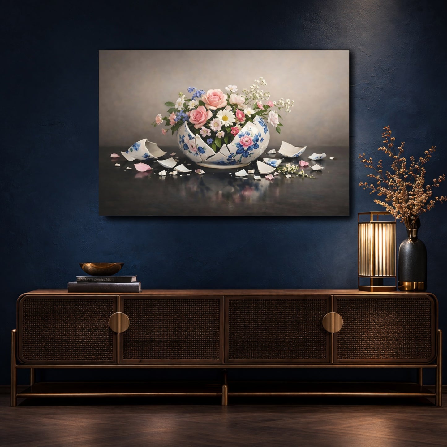 Mockup 4. Floral Floral Arrangement Broken Vase Floral shown as stretched canvas wall art