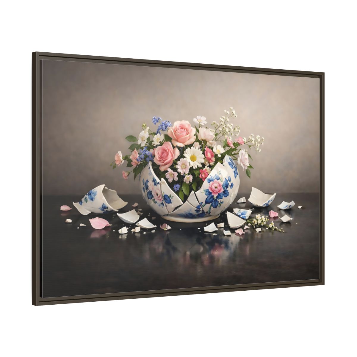 Main Mockup. Floral Floral Arrangement Broken Vase Flowers shown as stretched canvas wall art