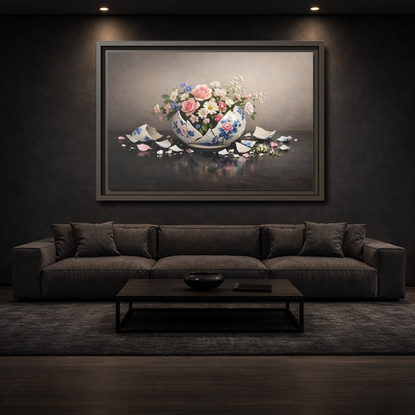 Mockup 2. Floral Floral Arrangement Broken Vase Flowers shown as stretched canvas wall art