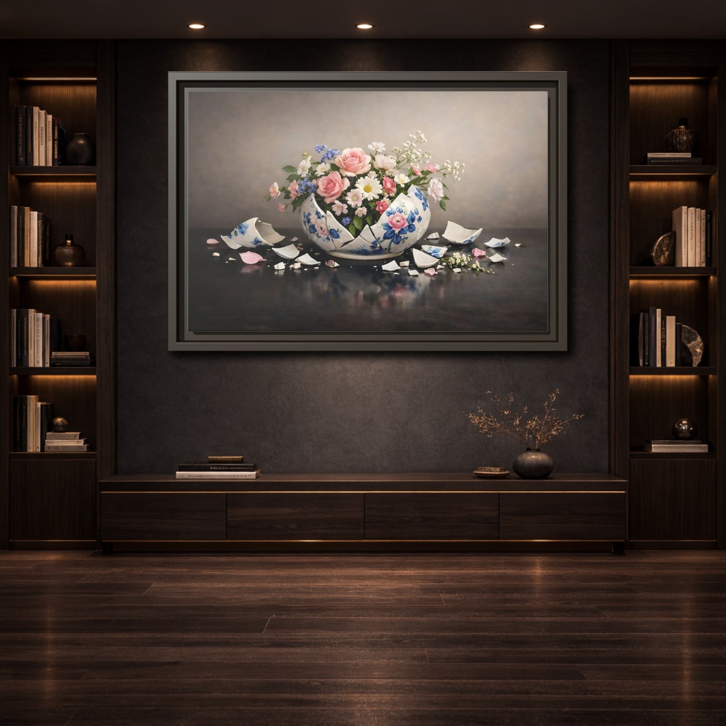 Mockup 3. Floral Floral Arrangement Broken Vase Flowers shown as stretched canvas wall art