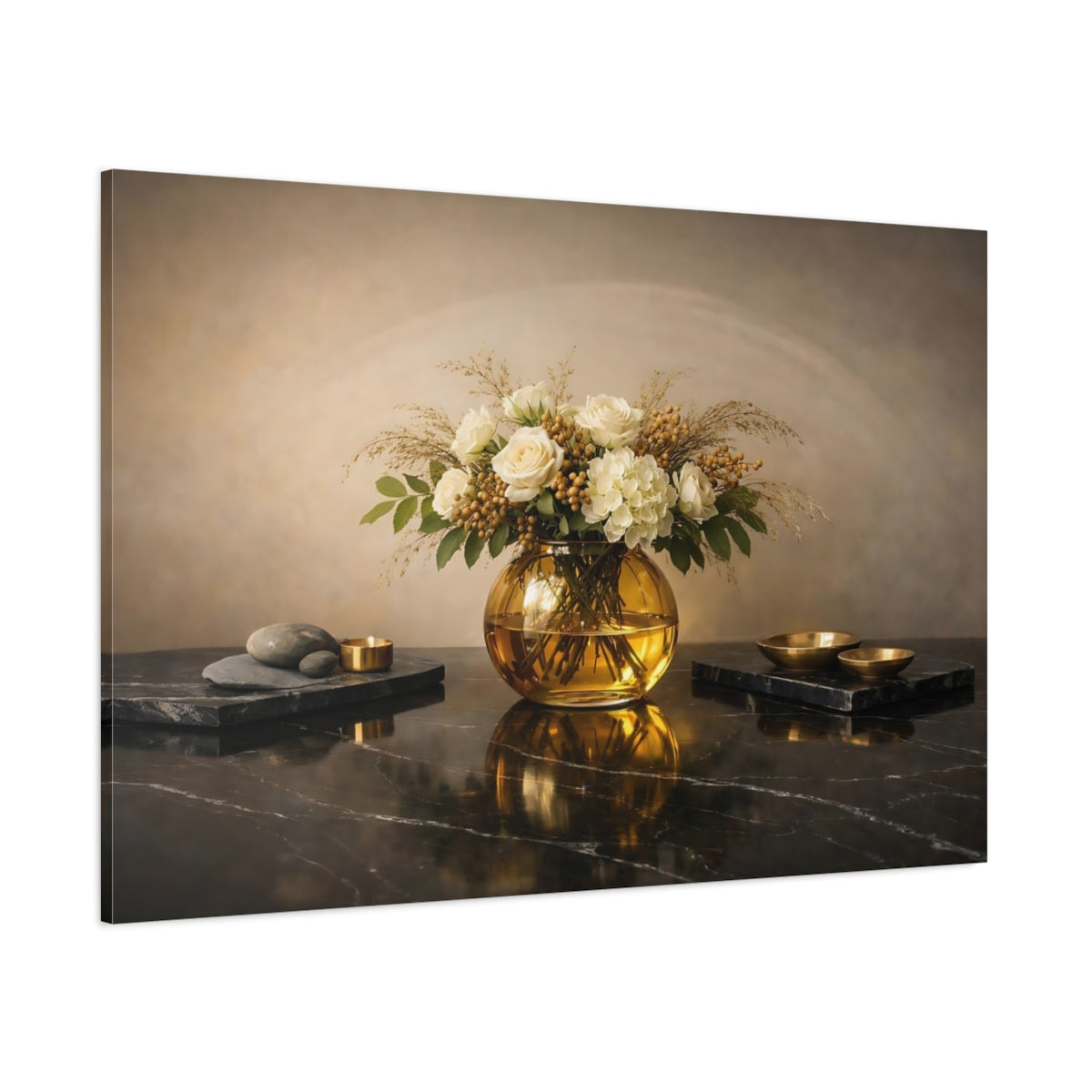 Main Mockup. Floral Floral Arrangement Cream And Gold shown as stretched canvas wall art