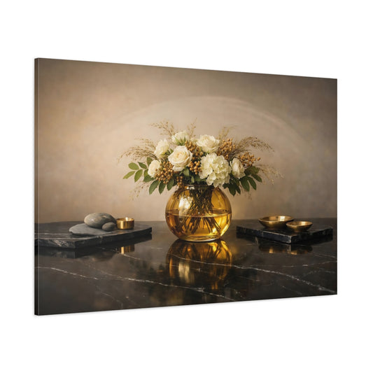 Main Mockup. Floral Floral Arrangement Cream And Gold shown as stretched canvas wall art