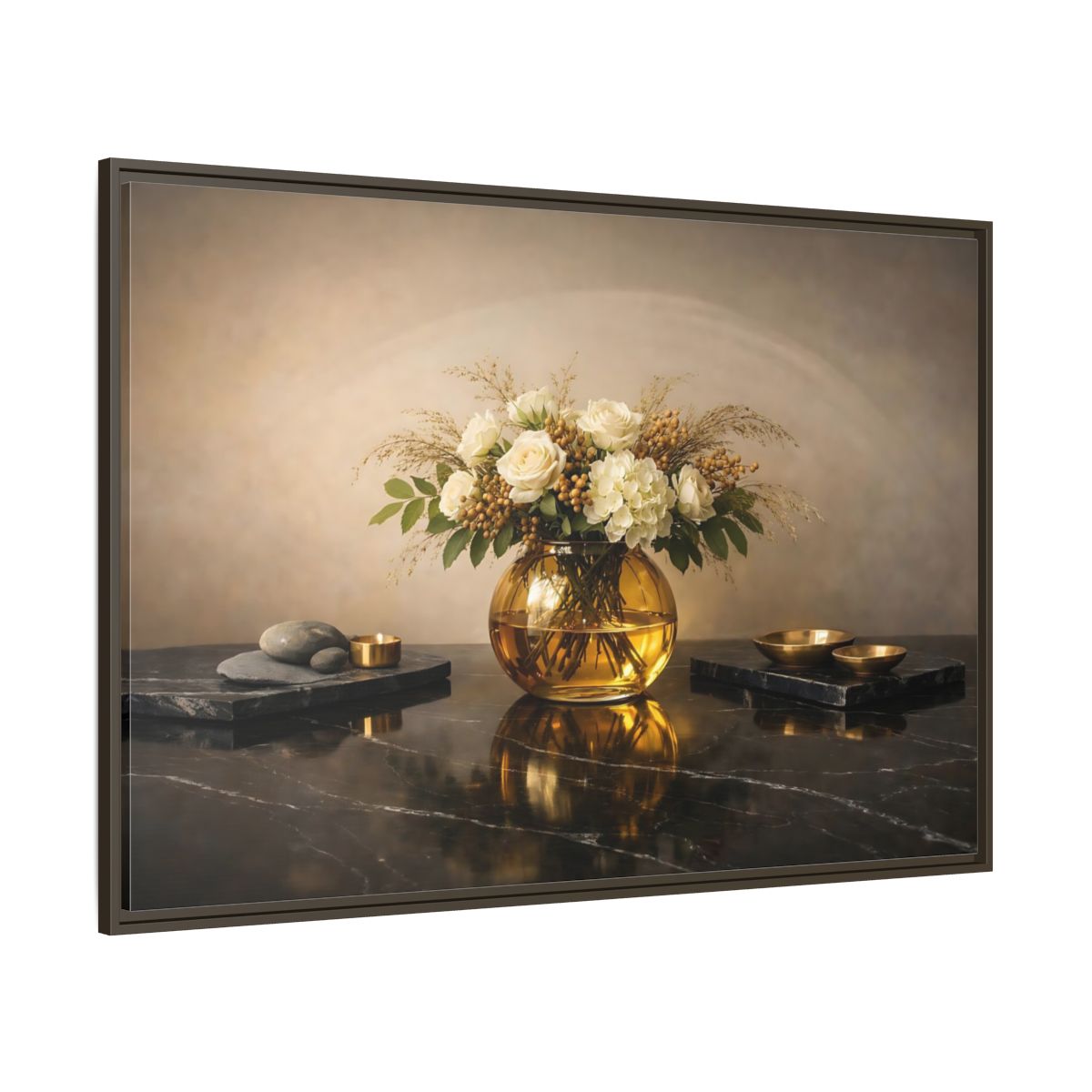 Main Mockup. Floral Floral Arrangement Cream And Gold shown as stretched canvas wall art