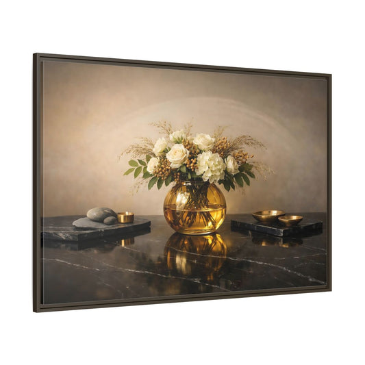 Main Mockup. Floral Floral Arrangement Cream And Gold shown as stretched canvas wall art