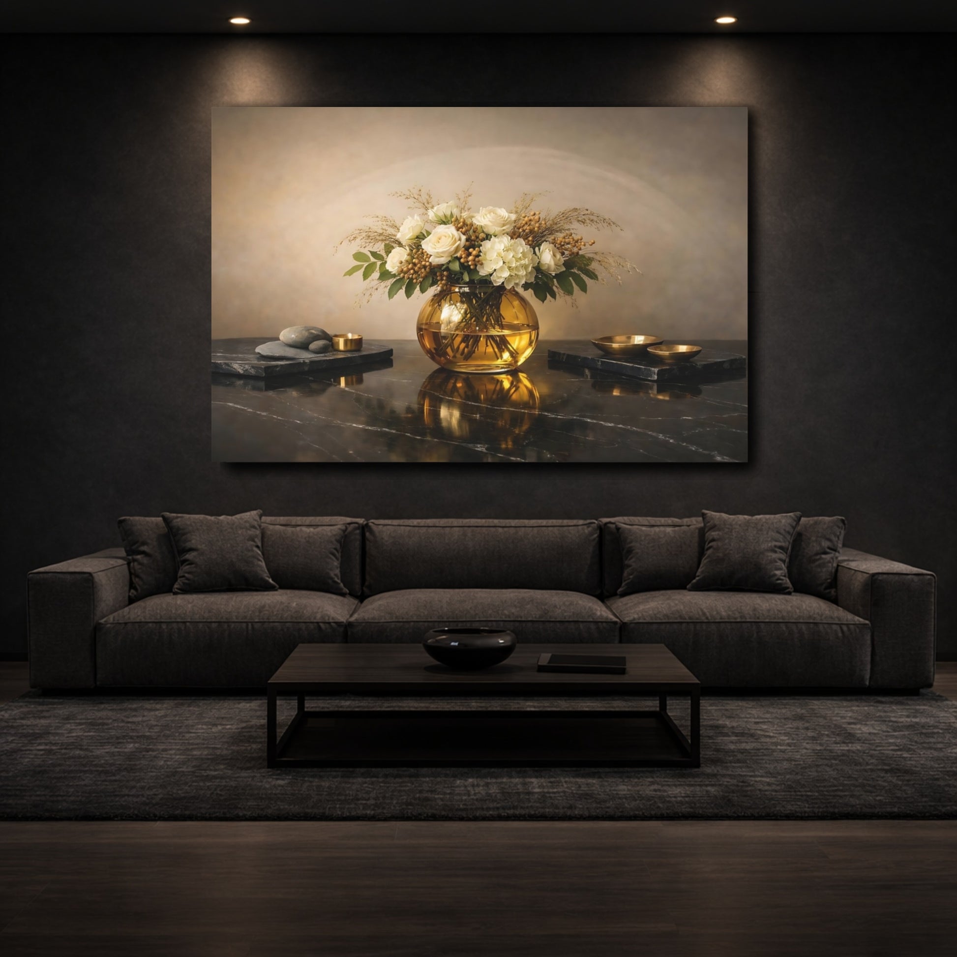 Mockup 2. Floral Floral Arrangement Cream And Gold shown as stretched canvas wall art