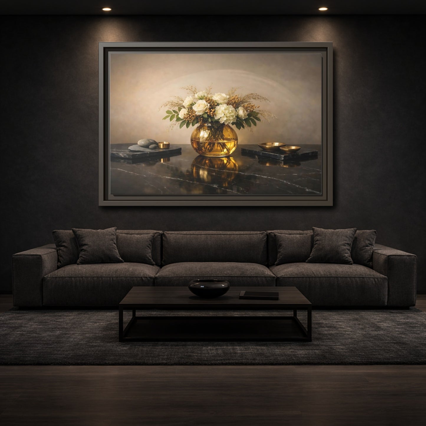 Mockup 2. Floral Floral Arrangement Cream And Gold shown as stretched canvas wall art