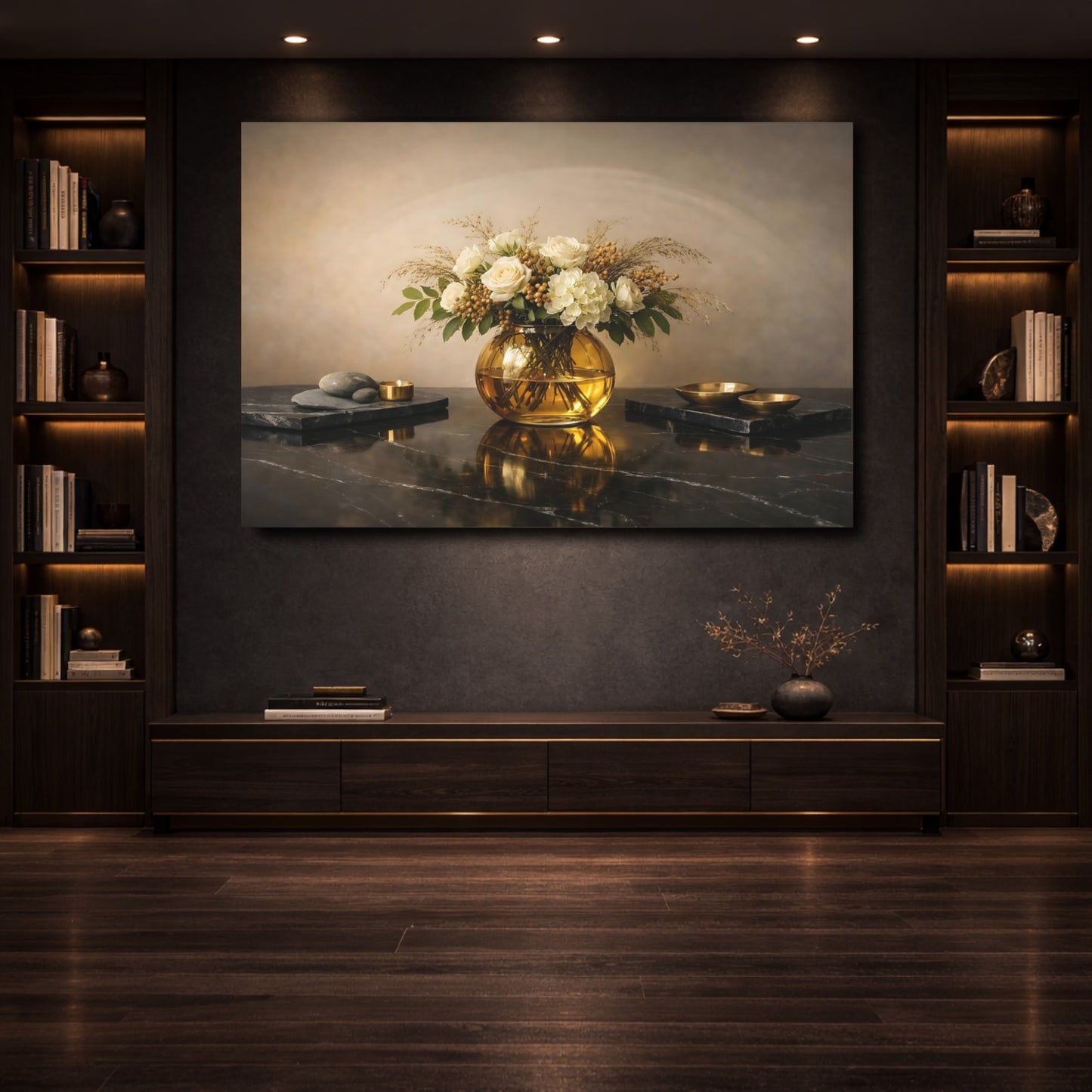 Mockup 3. Floral Floral Arrangement Cream And Gold shown as stretched canvas wall art