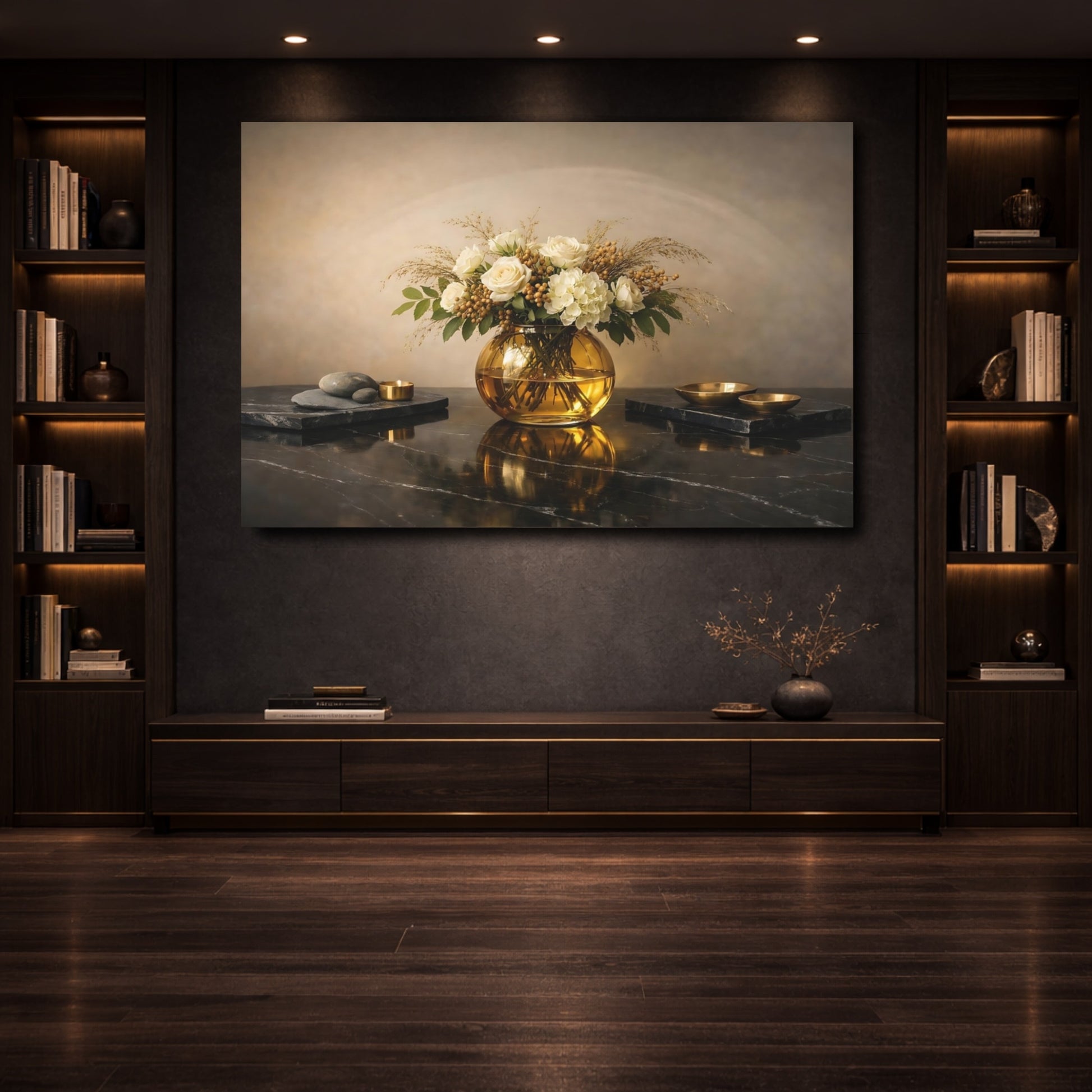 Mockup 3. Floral Floral Arrangement Cream And Gold shown as stretched canvas wall art