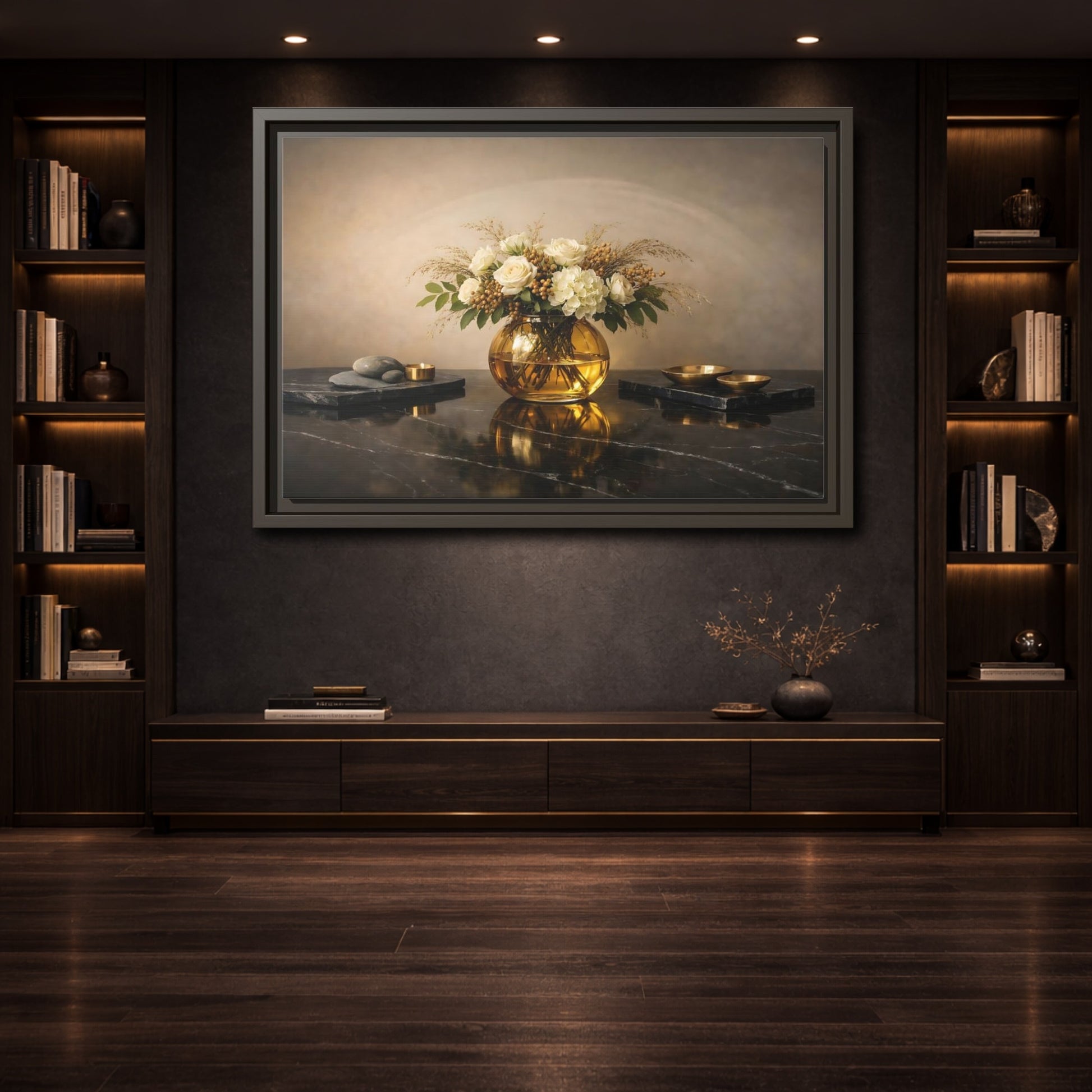 Mockup 3. Floral Floral Arrangement Cream And Gold shown as stretched canvas wall art