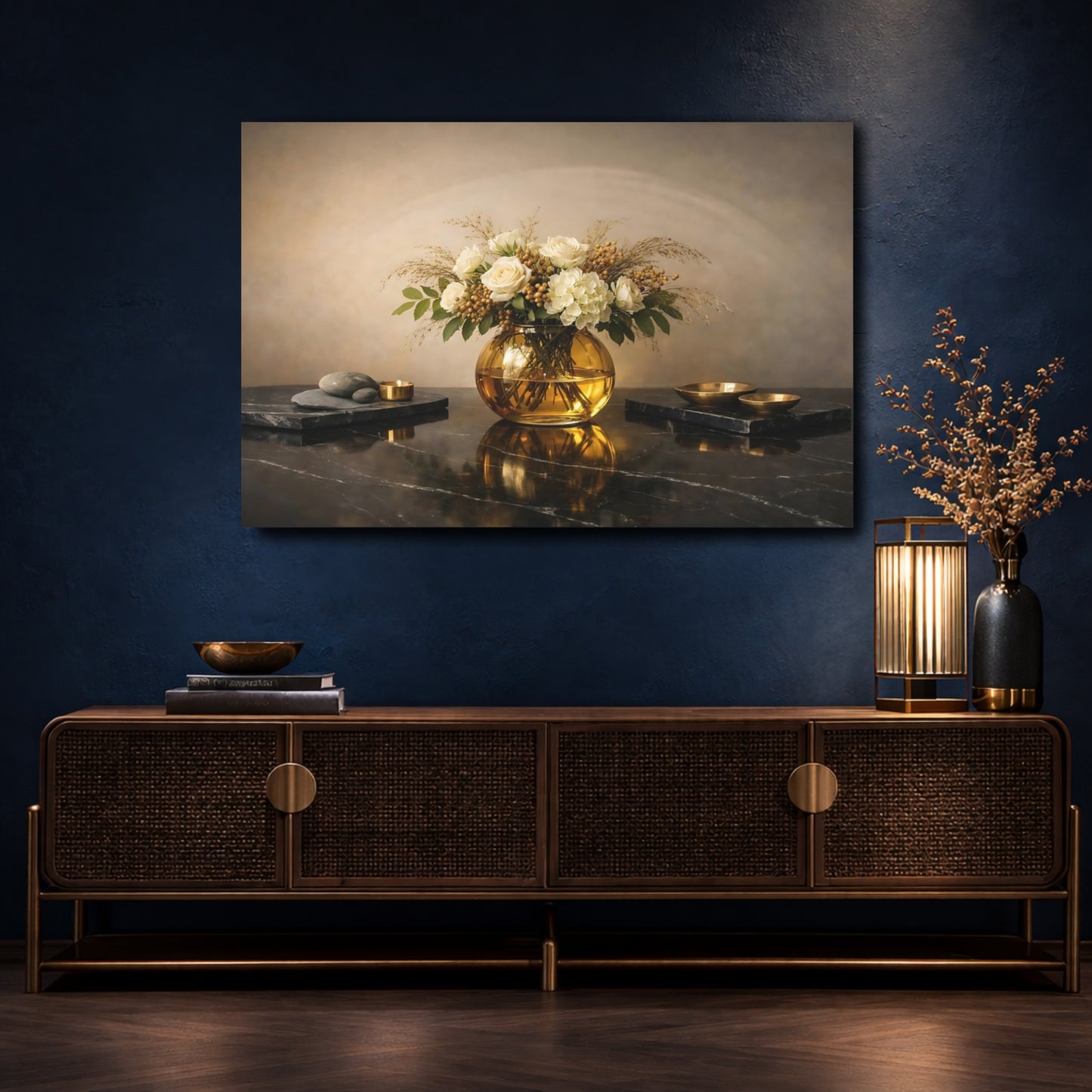 Mockup 4. Floral Floral Arrangement Cream And Gold shown as stretched canvas wall art
