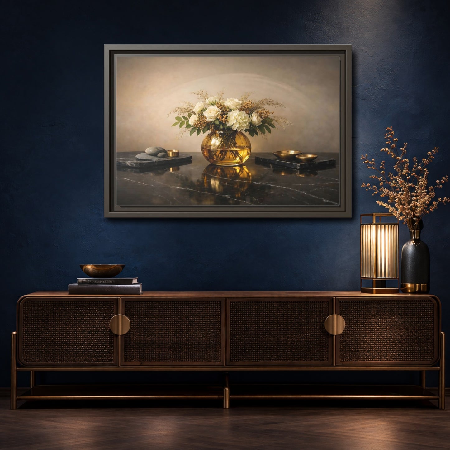 Mockup 4. Floral Floral Arrangement Cream And Gold shown as stretched canvas wall art