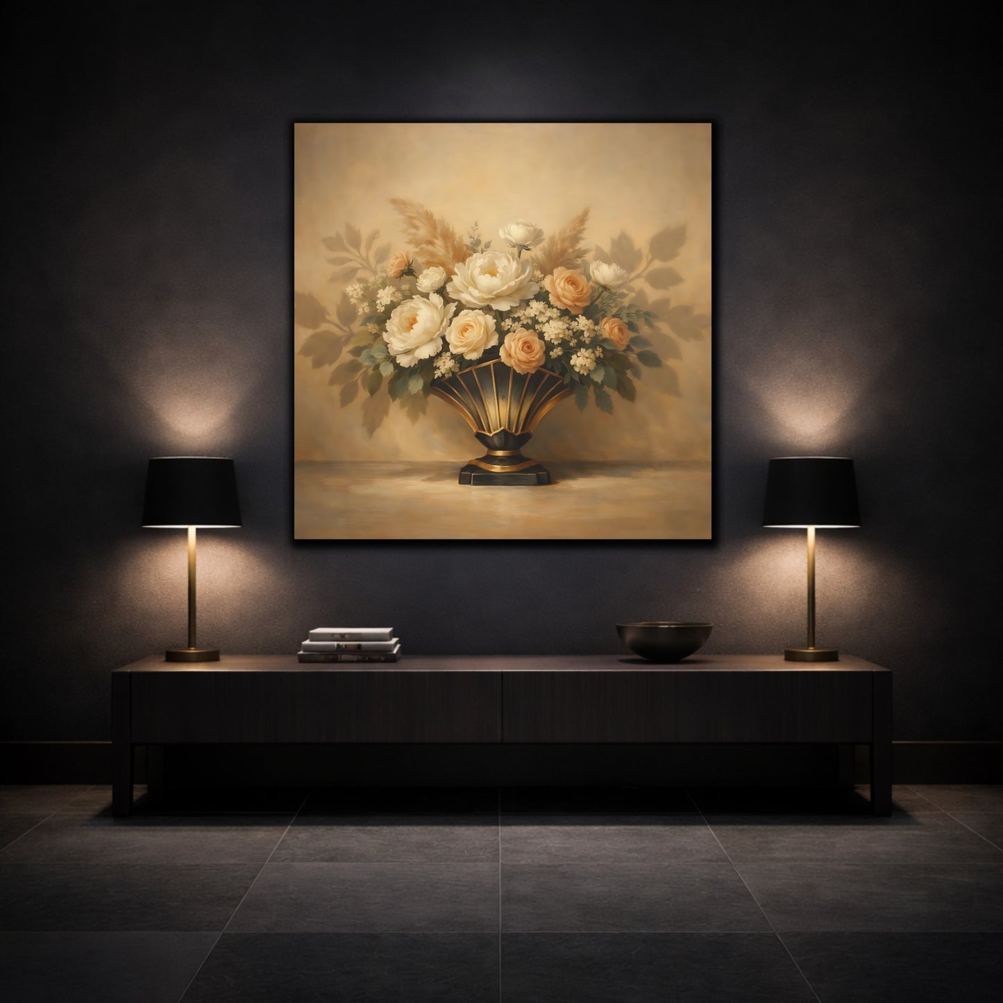Mockup 3. Floral Floral Arrangement Cream Floral shown as stretched canvas wall art