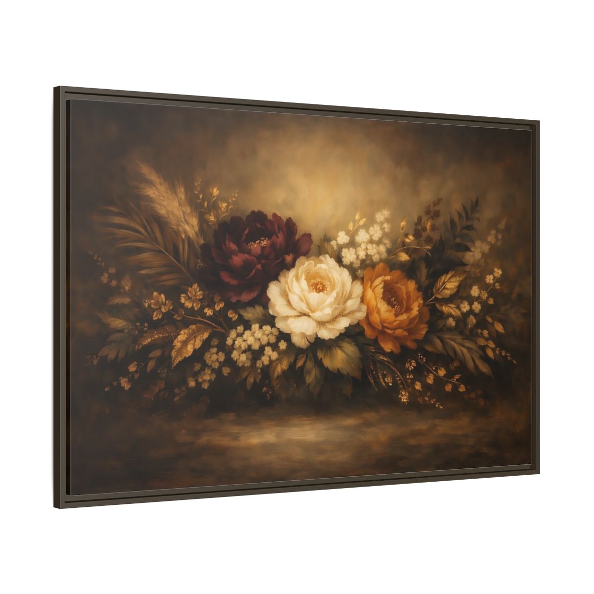 Main Mockup. Floral Floral Arrangement Dark Floral Arrangement shown as stretched canvas wall art
