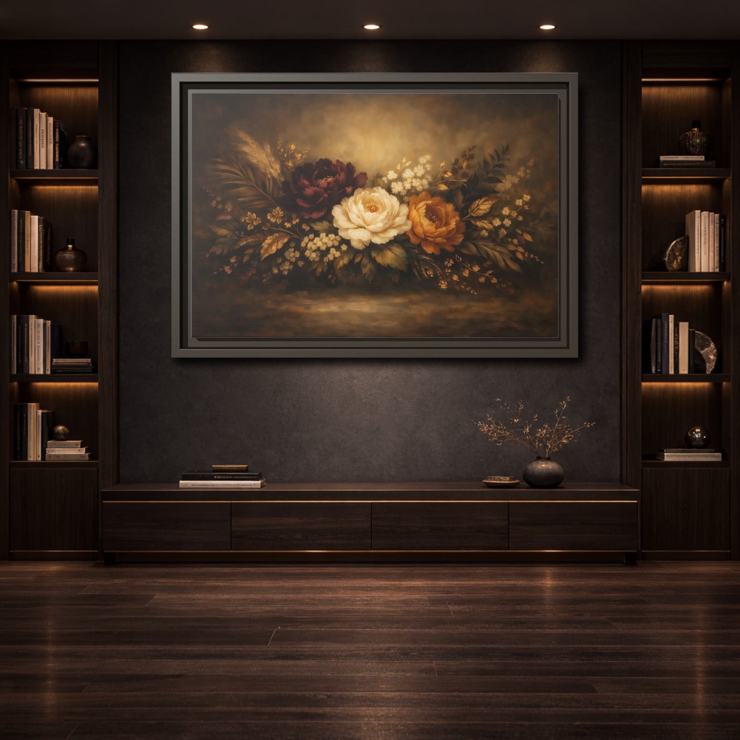 Mockup 3. Floral Floral Arrangement Dark Floral Arrangement shown as stretched canvas wall art