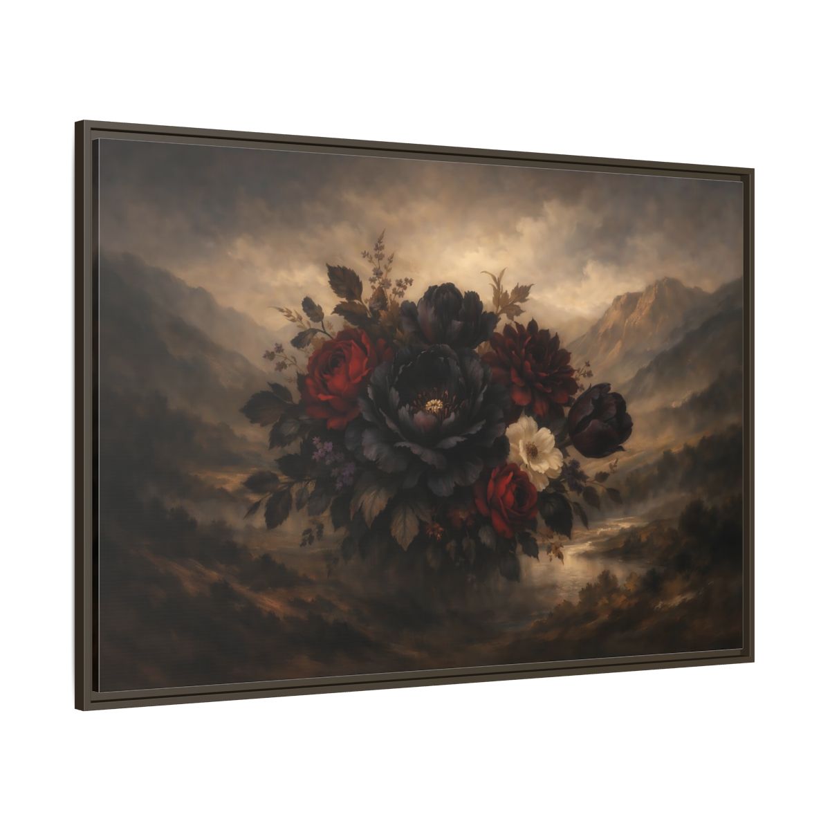 Main Mockup. Floral Floral Arrangement Dark Floral shown as stretched canvas wall art