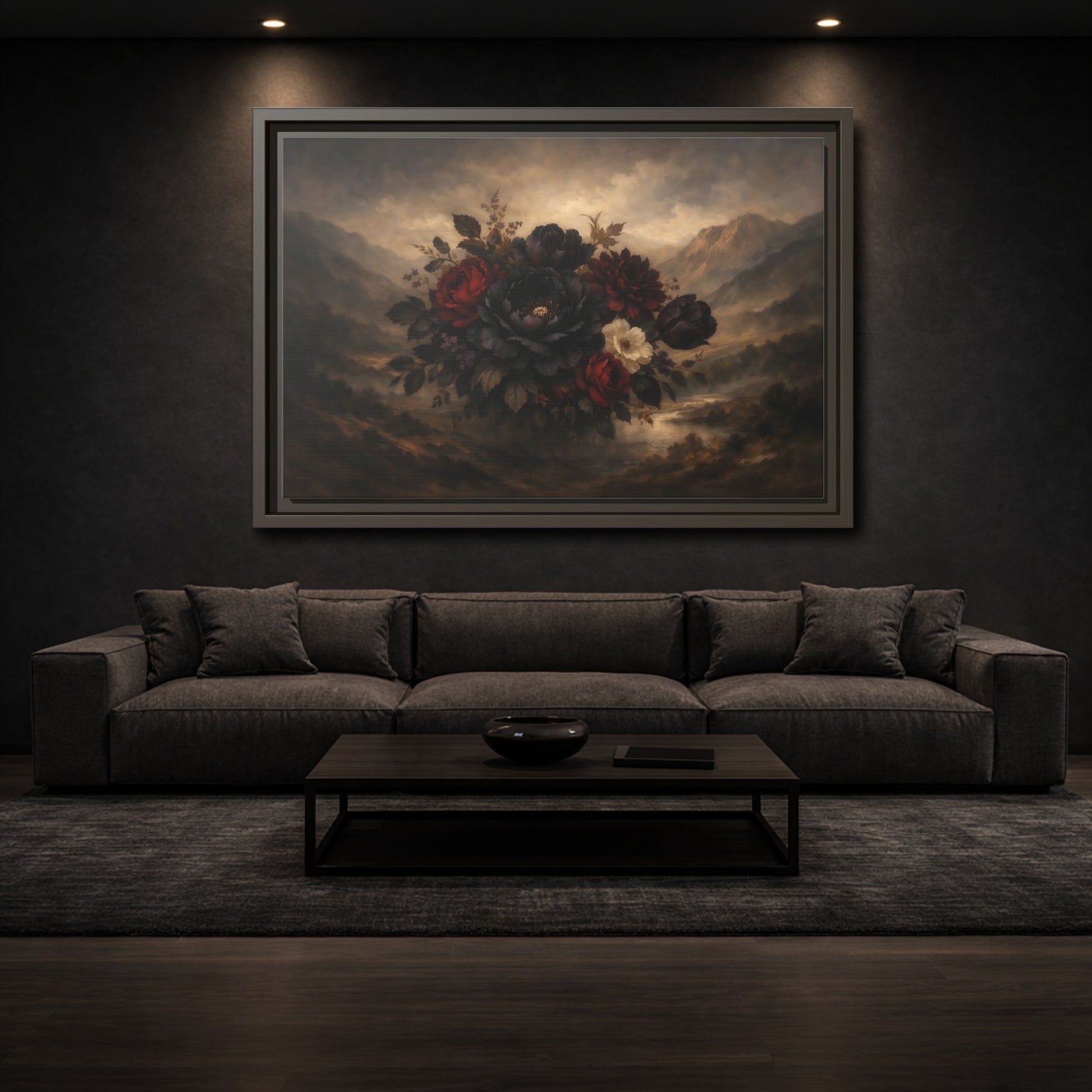 Mockup 2. Floral Floral Arrangement Dark Floral shown as stretched canvas wall art