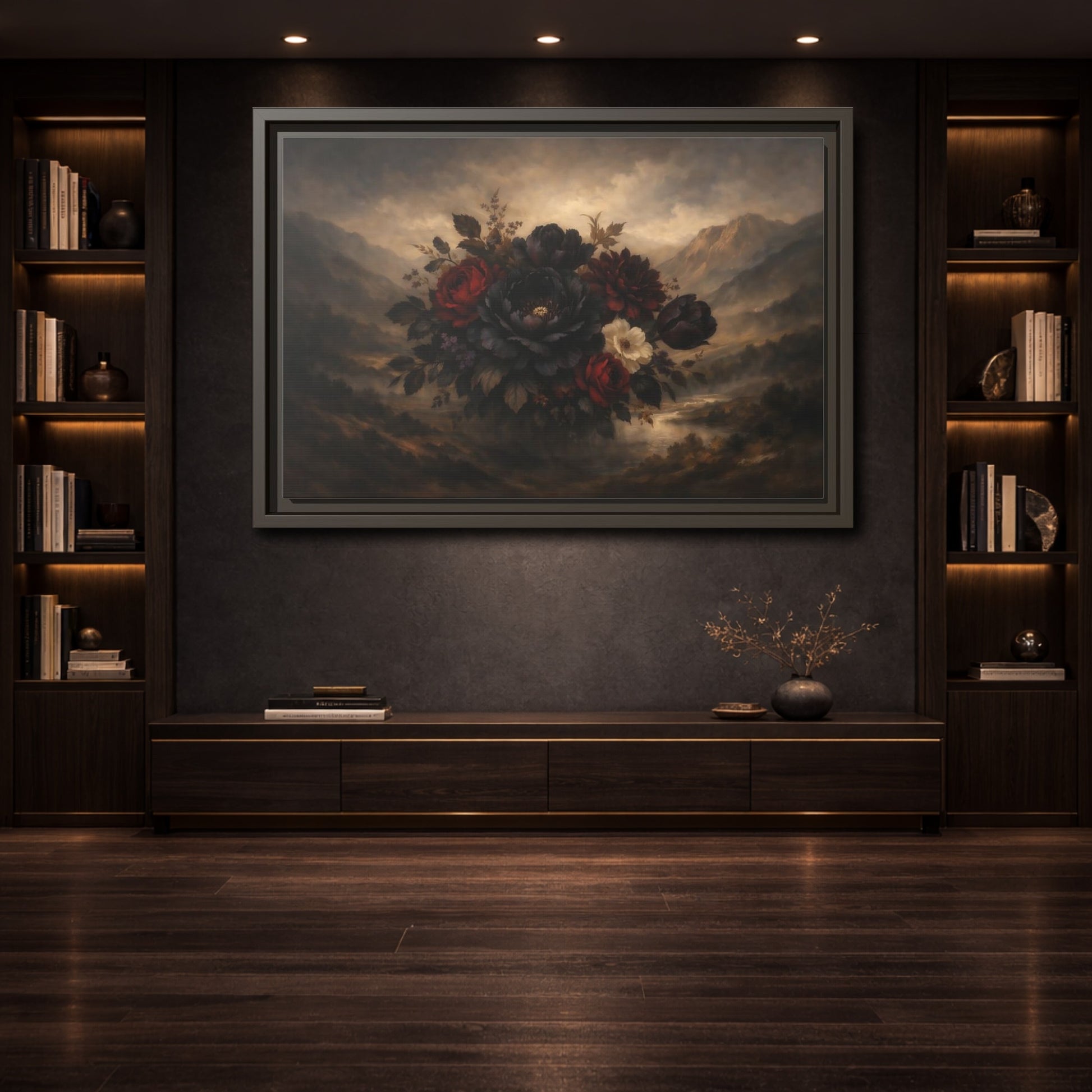 Mockup 3. Floral Floral Arrangement Dark Floral shown as stretched canvas wall art
