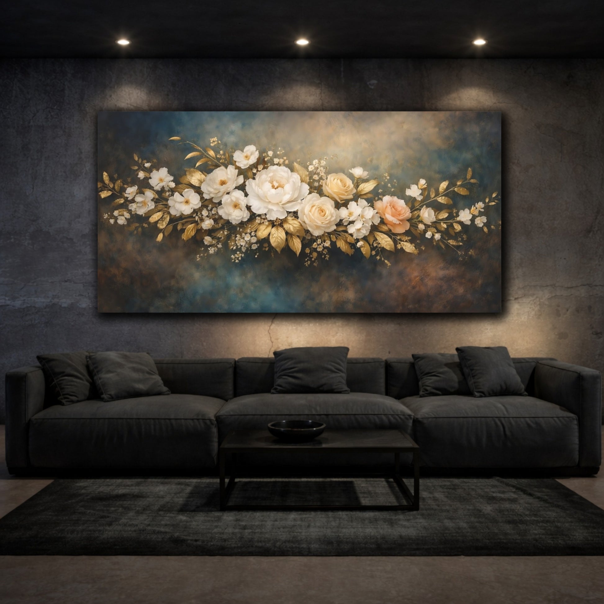 Mockup 2. Floral Floral Arrangement Gold And Blue Floral shown as stretched canvas wall art